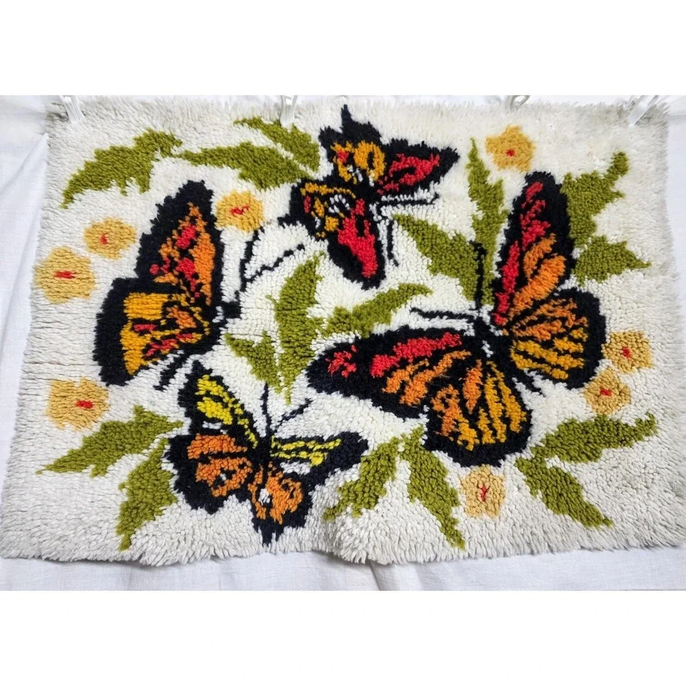 Vintage Latch Hook Rug 35x24 Butterflies Flowers Retro 70's Orange Yellow